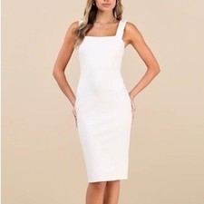 Lulus Persuasion Bodycon Midi Dress Womens Large Cream Stretch Ruffle Straps