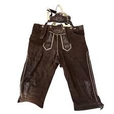 Brown Suede Lederhosen Bavarian German Oktoberfest Suspenders Embroidery 42"