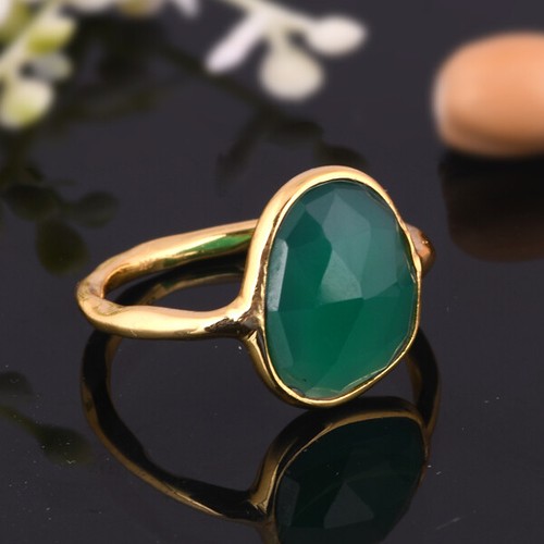 Anillo de piedras preciosas chapado en oro amarillo ónix verde natural regalo de cumpleaños para amigo - Imagen 9 de 13