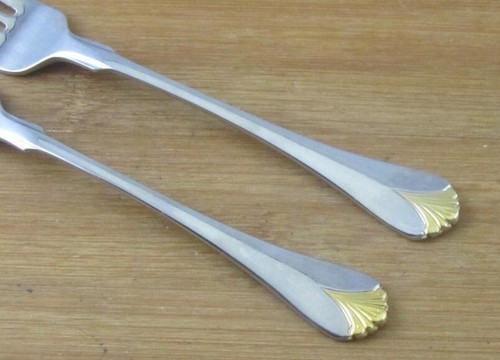 TWO Yamazaki CARA Gold Accent Salad Forks 6 3/4" Japan VGC Stainless Flatware - Picture 2 of 2