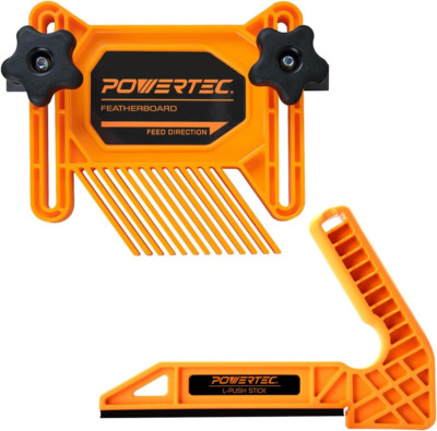 POWERTEC Tandem Featherboard and L-Push Stick Fits Table Saw, Router Table, Plan