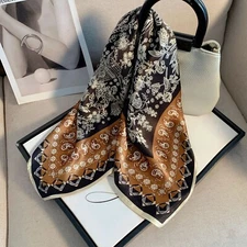 100% Silk Scarf Women Vintage Black Brown Kerchief Square Bandana Wrap 68*68cm