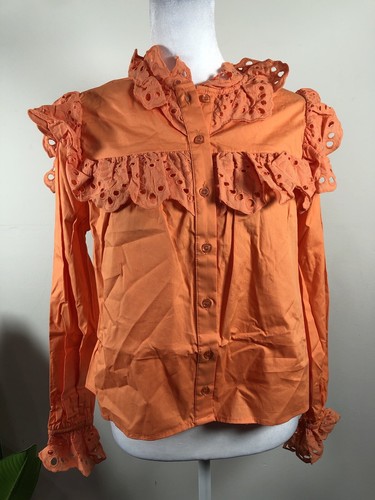 The shirt  Orange Long Sleeve Ruffle Top Button Up Blouse Size XS - Bild 1 von 9