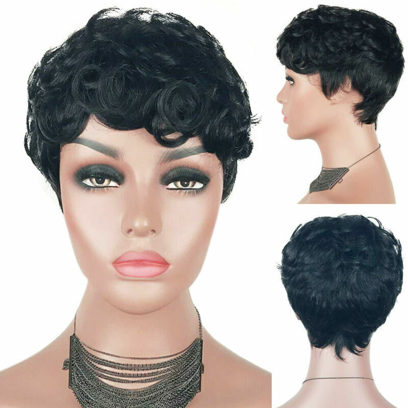 Women's Natural Boy Cut Pixie Wigs Curly/Straight Short Layered Hair