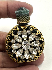 Vintage Black Glass Perfume Bottle Gold Filigree Clear Crystal Stones Design