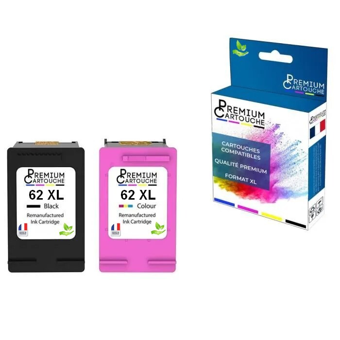 Cartouche HP 62 XL encre compatible noire et couleur fabriquée en France pack de 2