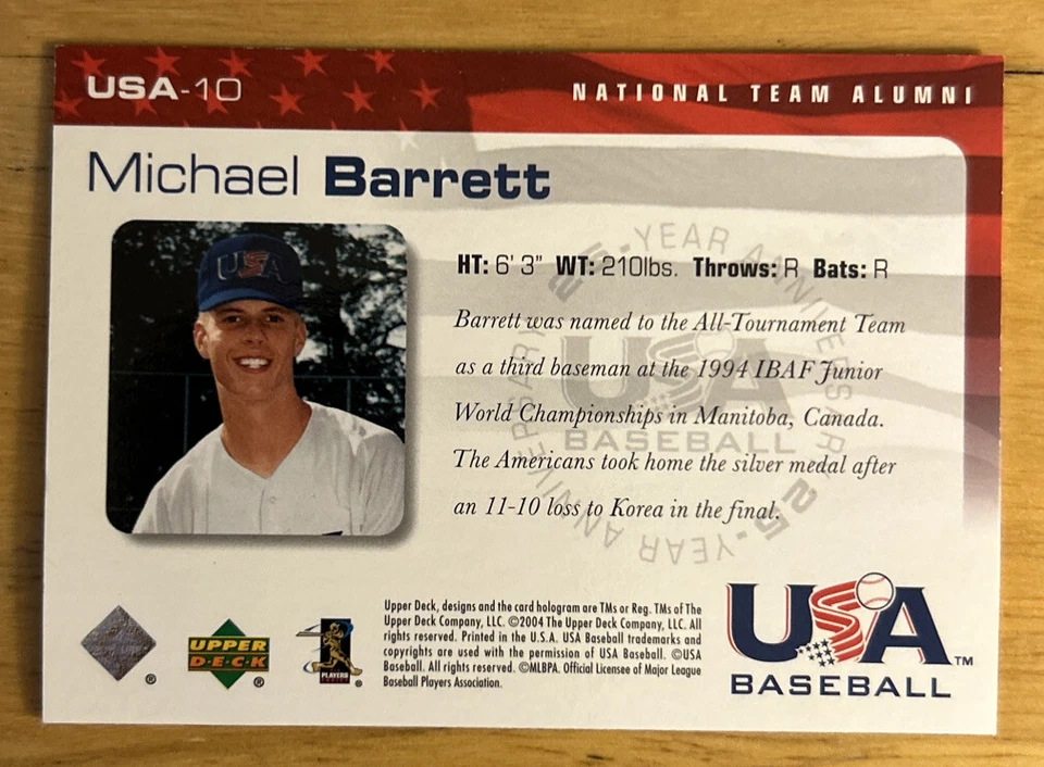 2004 Upper Deck EE. UU. Béisbol 25 Aniversario Michael Barrett #USA-10 Casi Nuevo Foto 2 de 2