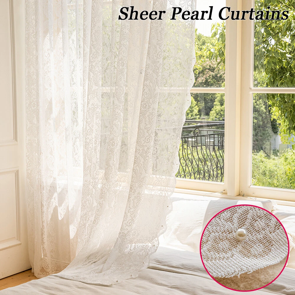 1 2 Panels White Lace Window Sheer Curtains Voile Net Drapes Pearl Rod Pocket