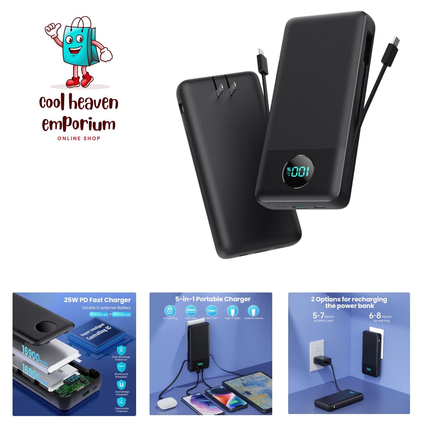 33800mAh USB-C Portable Charger with Built-in Cables and AC Wall Plug-image