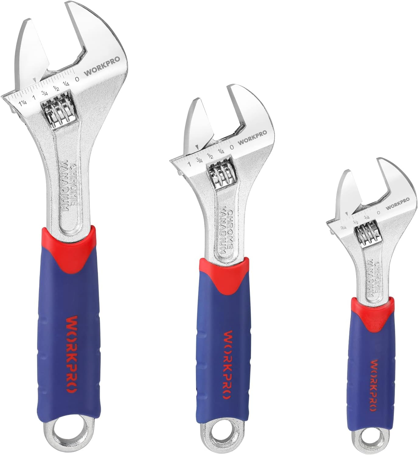 3-Piece Adjustable Wrench Set CR-V with Rubberized Anti-Slip Grips 10-Inch, 8-In