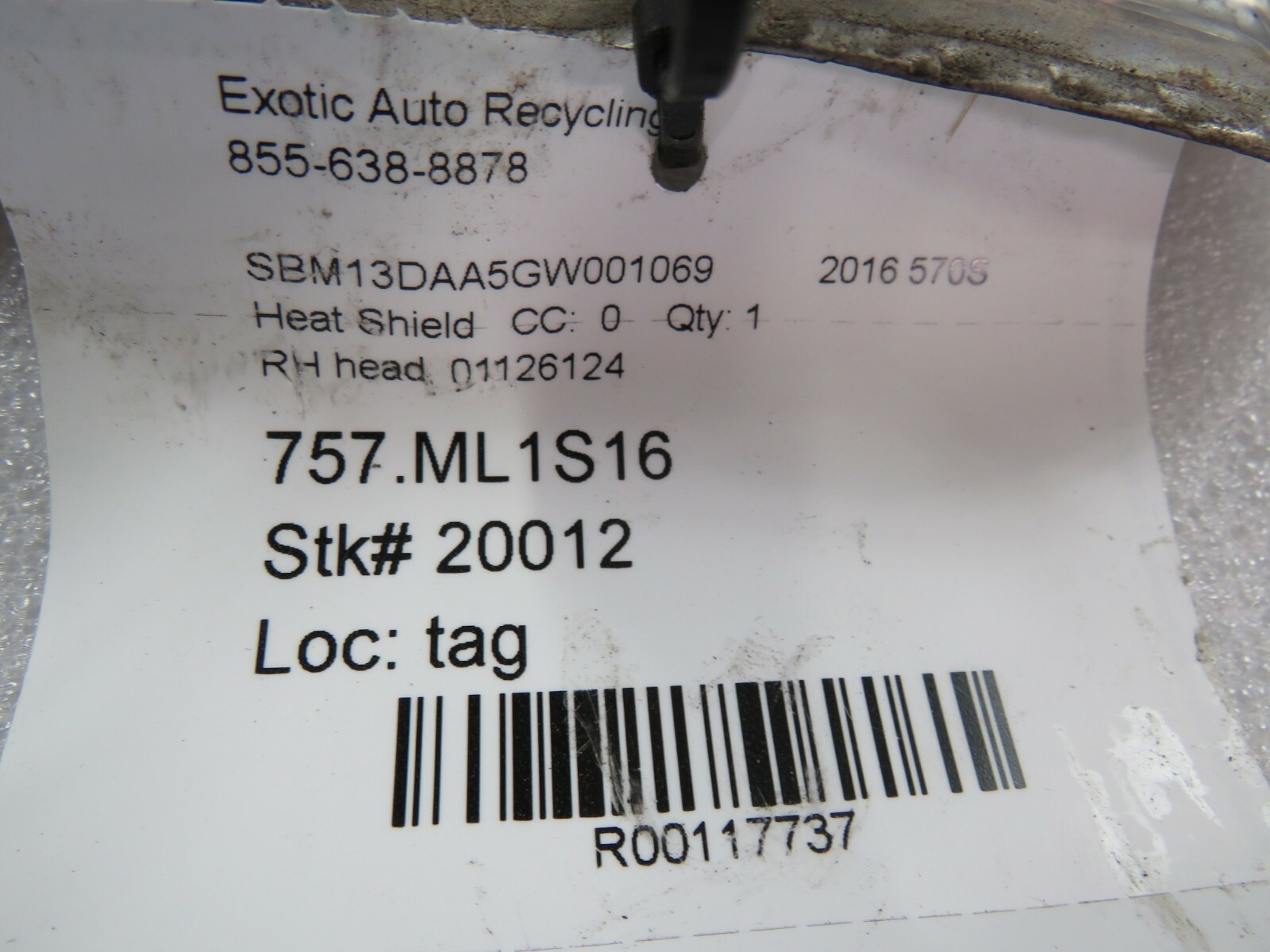 McLaren 570S, RH, Right Head Heat Shield, Used, P/N 01126124