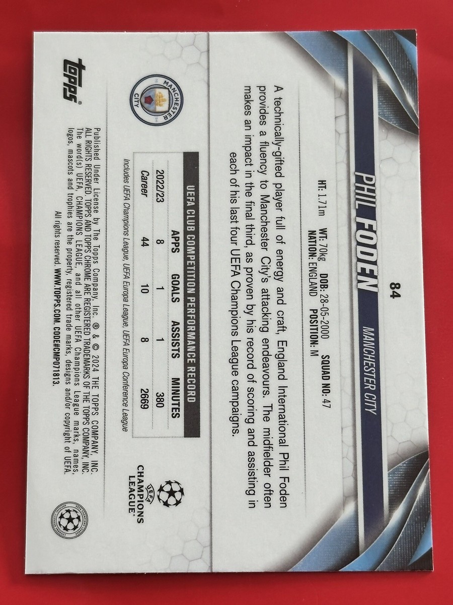 2023-24 Topps Chrome UEFA Sapphire - Phil Foden - Manchester