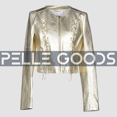 Women's Gold Metallic Leather Jacket - Stylish Zippered Cropped Coat, Partywear