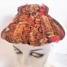 Hat Vtg 1950s Pheasant Feather Bucket Flower Pot Hat Custom Sewn Satin Lined Exc