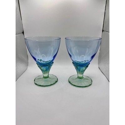 Bormioli Rocco Bahia Water Wine Glass Set 2 Blue Green Excellent Italy 1980s 5.5