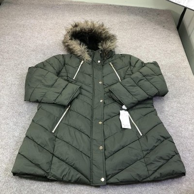 Maralyn & Me Puffer Coat Womens 2X Green Hooded Faux Fur Quilted Warm Parka