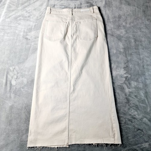 Decjuba Denim Zaylee Size 14 Beige Frayed Hem High Front Split Belted Maxi Skirt - Foto 2 di 20