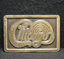 WE11119 VINTAGE 1970s  CHICAGO  MUSIC BAND LOGO ARTWORK BRASS BELT BUCKLE