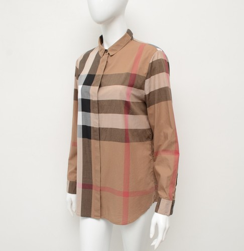 Authentic Women's Burberry Beige Cotton Plaid Shirt Button Up Size M Medium - Picture 3 of 12
