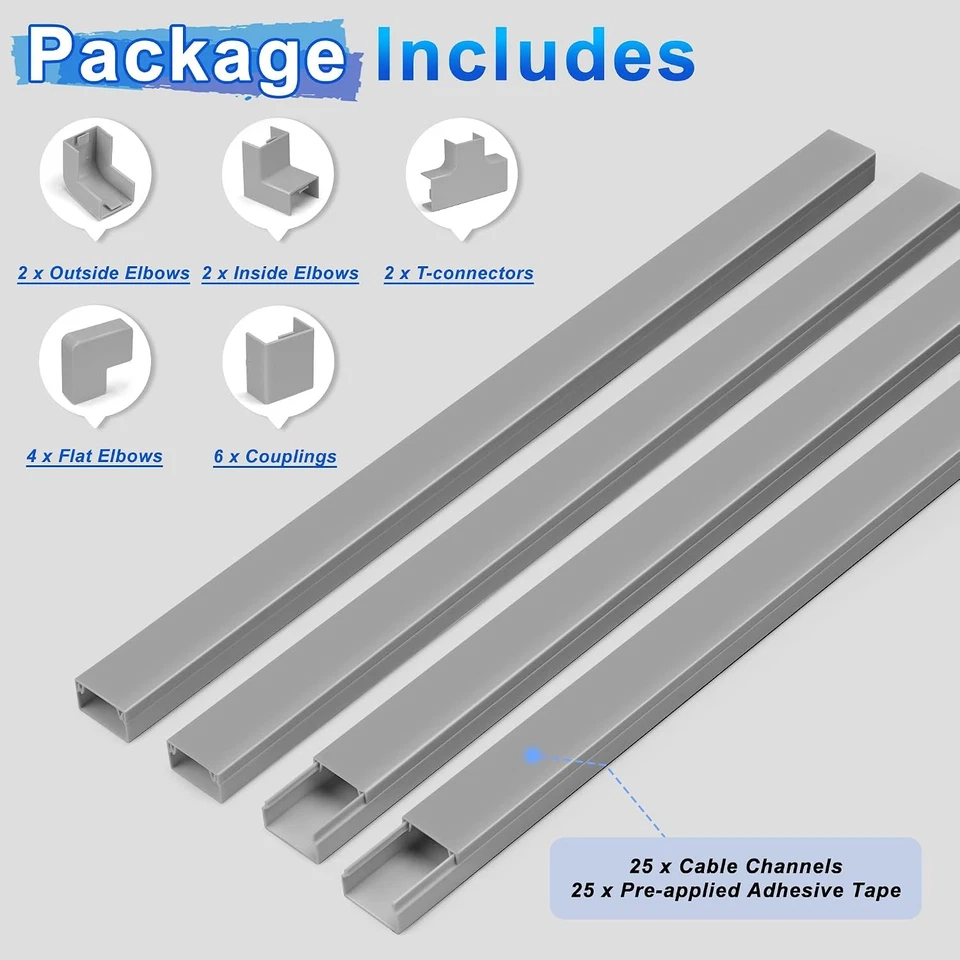 Kabelkanal-Set 10m Selbstklebend Grau 25 Stück 40x2,4x1,4cm für TV-Wandmontage - Bild 3 von 4
