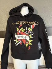 NWT Ed Hardy Graphic Hoodie Black Sword Heart Dagger Long Sleeve Womens Size  M