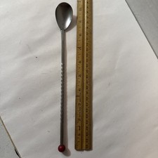 Vintage Stainless Steel Bar Spoon Art Deco Twisted Handle, Red Knob, Made in USA