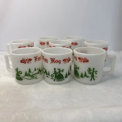 Vtg Hazel Atlas Egg Nog Milk Glass Mugs Set Of 8