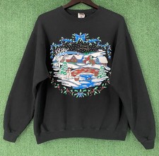 VTG 90  s Holiday Winter Snow Scene Snowman Cabin Deer Sweatshirt Women  s Large
