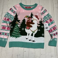 NWT 33 Degrees Girls Small 7 Christmas Sweater Llama W/ Sloth Pink Sparkle
