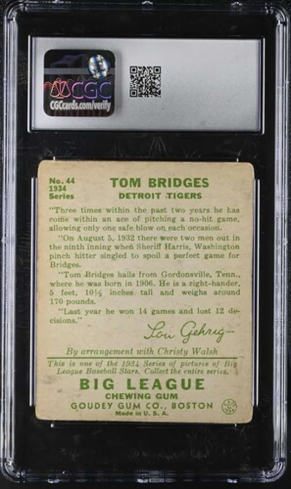 1934 GOUDEY #44 TOMMY BRIDGES CGC 2.5 GOOD+ TIGERS 4862 - Image 2 of 2