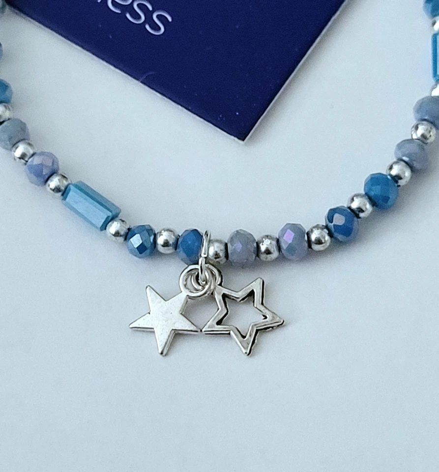 Biba Kristall Armband, 18 cm, Blau Silber Anhänger Sterne dehnbar / TS521 - Bild 2 von 3