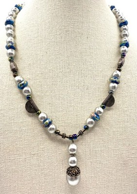 Sterling 925 Victorian Haskell Style Charm Necklace Murano Whimsical Made Pearl