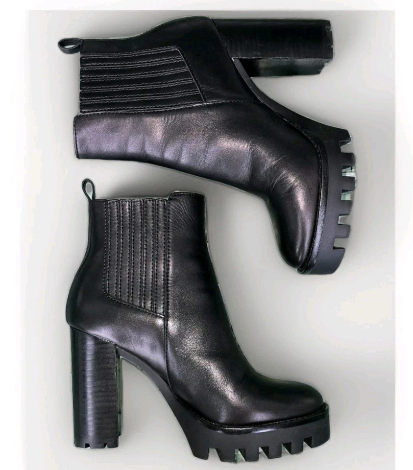 Antonio Melani Pascal Boots Wms 6.5 Black Leather Gore Lug Sole Platform Booties - Image 2 of 4