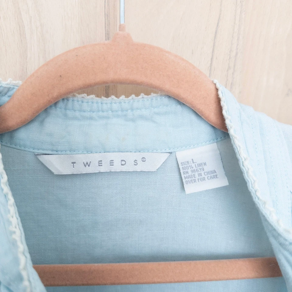 Blusa de lino Tweeds para mujer talla L azul cabaña boho ribete de encaje romántico costero Foto 4 de 4