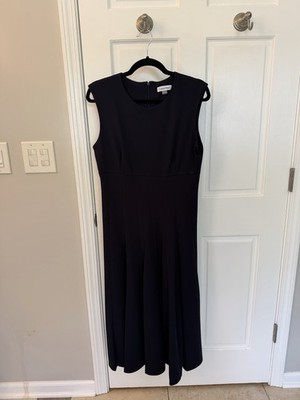 Calvin Klein Navy A-Line Midi Dress 8 Sleeveless Round Neck Pleated CD4C1Y9R