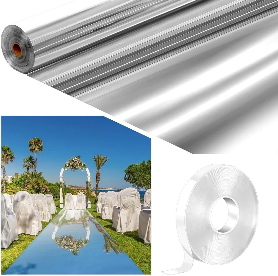 Mirror Rug Aisle Runner Wedding Decor Silver Reflective Carpet 3.3x98.4 ft - Image 3 of 4