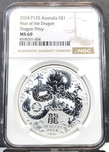 2024 AUSTRALIA SILVER 1 DOLLAR YEAR OF THE DRAGON P125 NGC MS 69 GEM BEAUTY