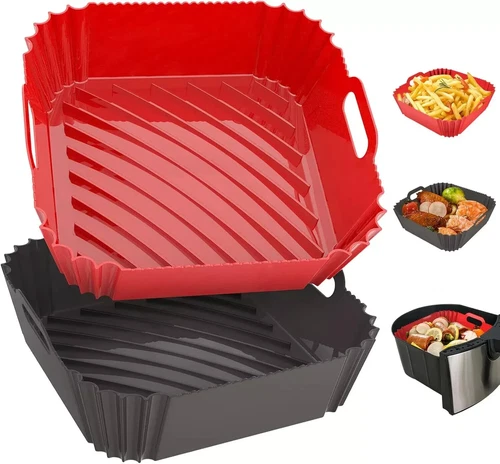 2 Pack Silicone Air Fryer Liners Reusable, 7.1 Inch For 4-7 QT Red+Gray