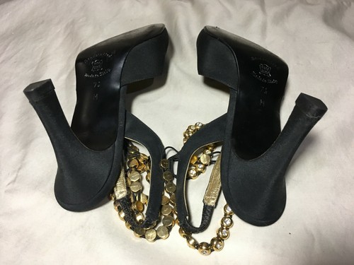 Sz 7.5 M Larry Stuart Collection Black Fabric Slingback With Gold Tone & Rhinest - Picture 7 of 8