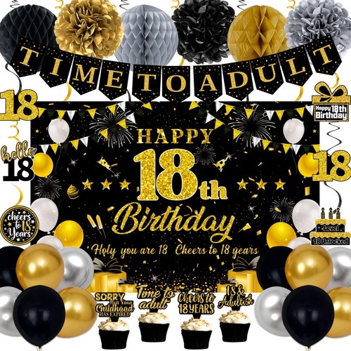 18th Birthday Decorations for Boys Girls Black Gold Happy 18th Birthday Party...