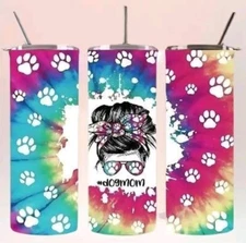 20oz Tie Dye Skinny Tumbler Dog Mom life Paw Messy Bun Skeleton Design Handmade