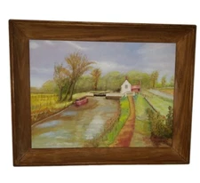 Vintage Original Country House With River Oil Painting By Artist Mc Millan