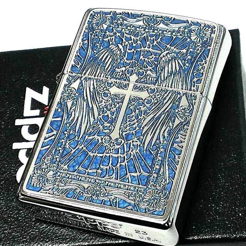 Zippo Oil Lighter Angel Cross Blue Silver 2 Sided Processing