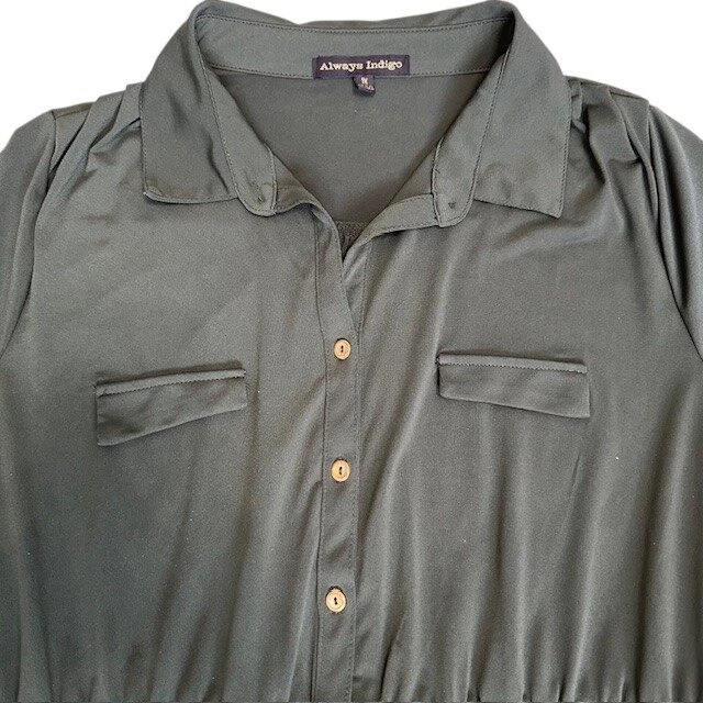 VETEMENTS Abito camicia sempre indaco verde oliva bottoni davanti cintura manica lunga taglia 1X