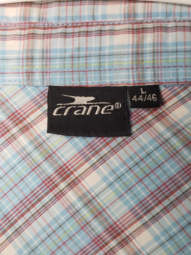 Crane Womens Sz L Blue Red Plaid Button Front Short Sleeve Shirt Ruched Side Hem - Picture 7 of 8