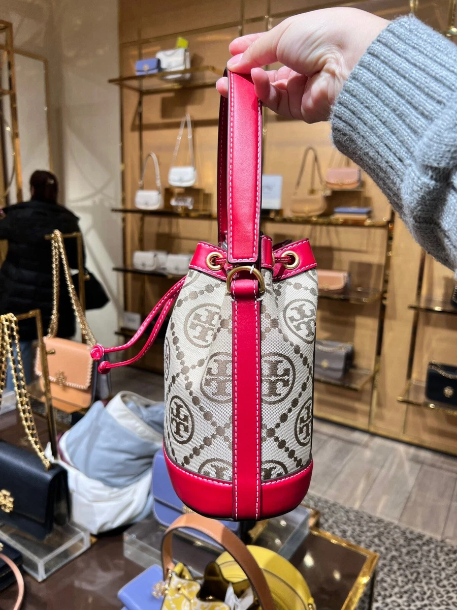 NWT !Tory Burch T Monogram Jacquard Bucket Bag Hazelnut/Tory Red