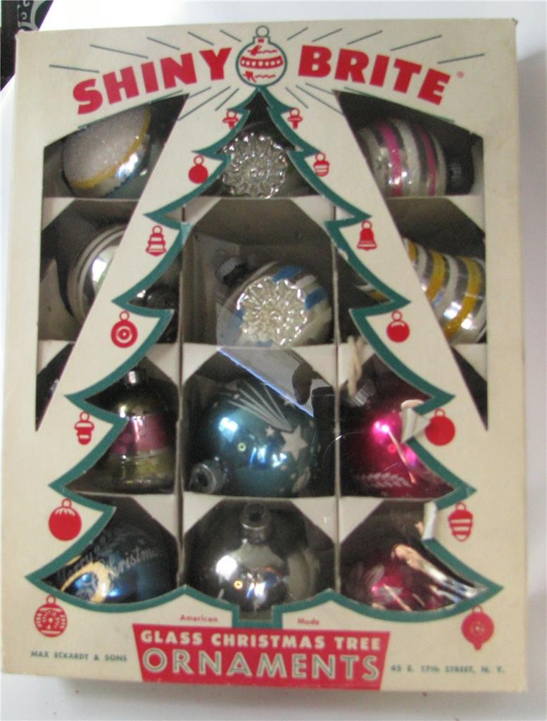 Vintage lot of 12 Shiny Brite Glass Xmas Ornaments Assorted Mix Tree Box  1950's