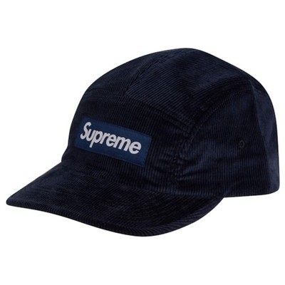 Supreme FW22 Corduroy Camp Cap Navy Leather Strap 5-Panel Logo