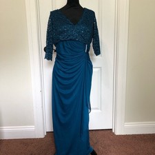 Betsy  Adam Teal Blue Sequin Lace V-Neck Ruched Evening Gown Dress Size 16