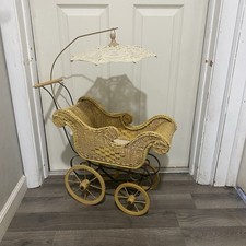 VINTAGE CHILDS TOY DOLL STROLLER BABY CARRIAGE W/ DETACHABLE PARASOL WICKER IRON